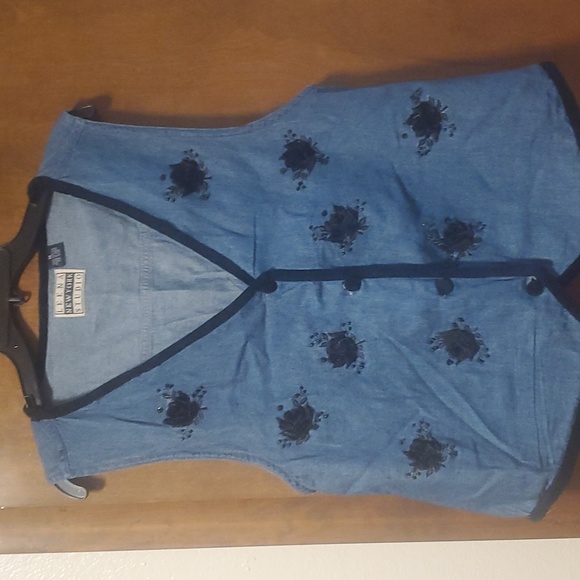 Vintage Leena New York Studio Ble Denim Black Roses Vest M - Picture 1 of 4